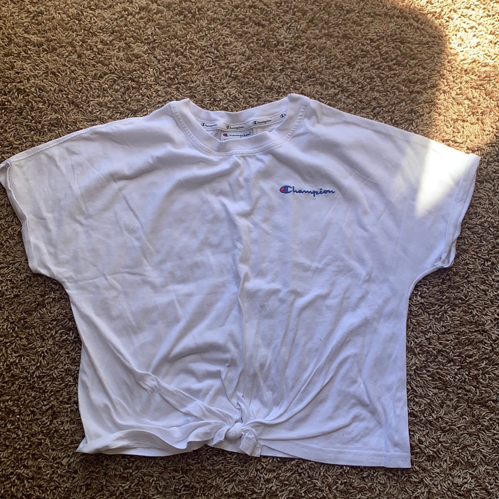 white champion crop top with tie in front bottom